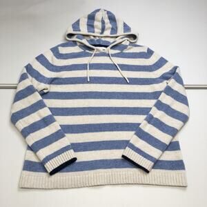 Tabitha Webb Women’s Blue White Striped Hooded Knit Sweater Drawstring Size L
